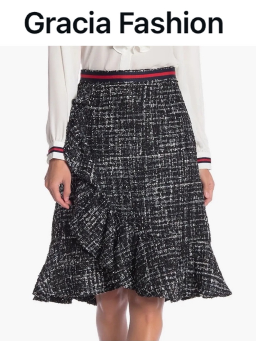 GRACIA BLACK WHITE TWEED RUFFLE MIDI SKIRT RED STRIPE WAIST SIZE SMALL